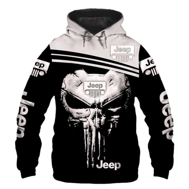 Sweat à capuche unisexe Jeep noir et blanc avec tête de mort 3D