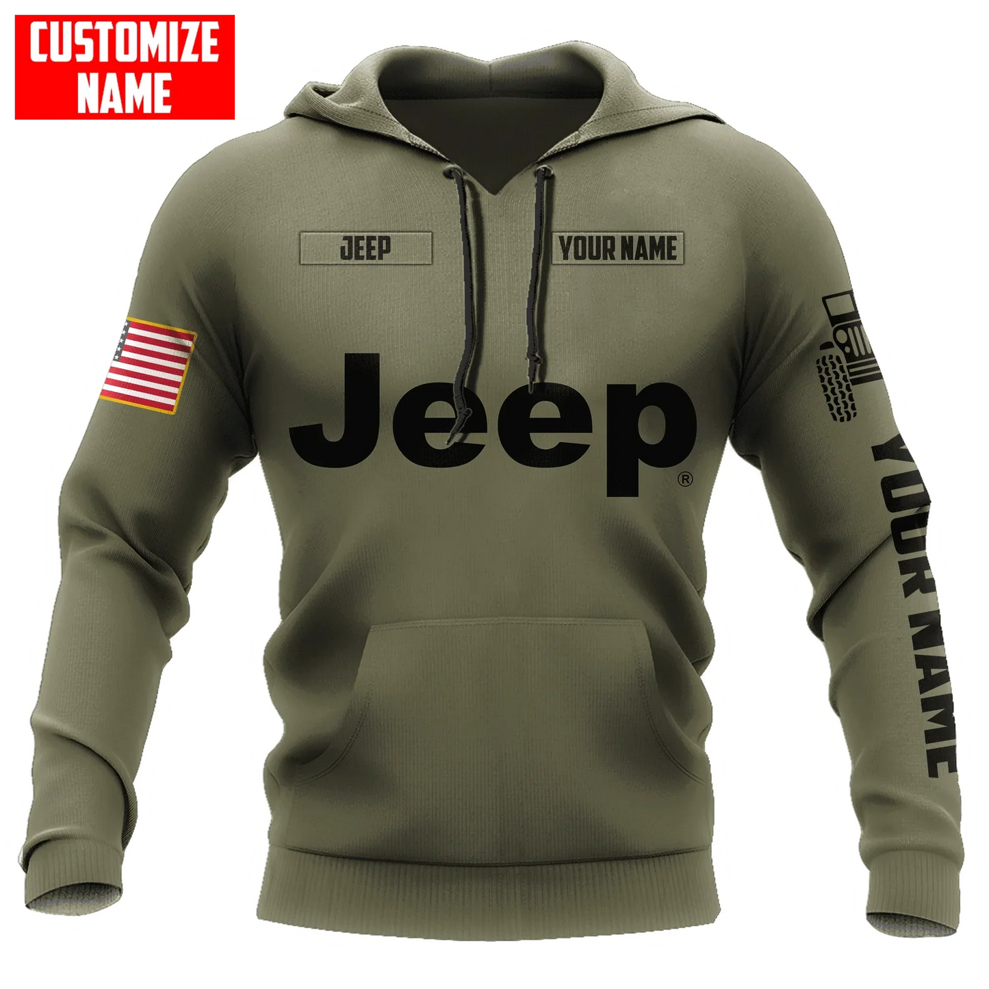 Sweat à capuche unisexe Jeep Custom Name Olive imprimé 3D sur toute la surface