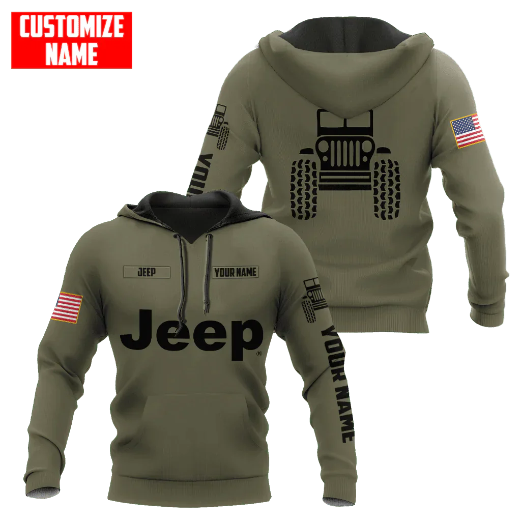 Sweat à capuche unisexe Jeep Custom Name Olive imprimé 3D sur toute la surface