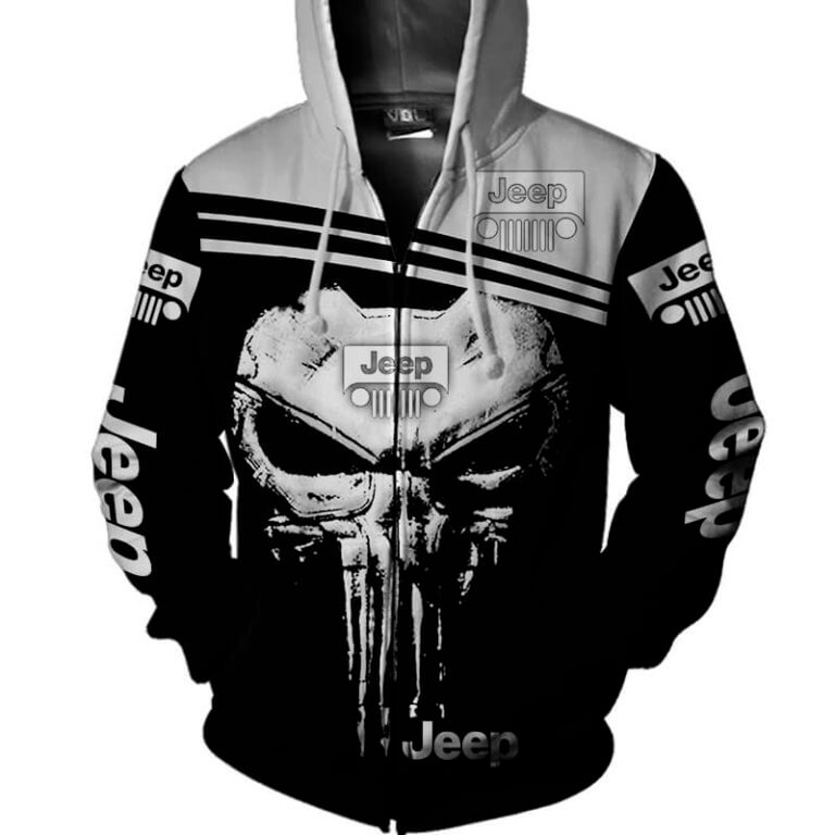 Sweat à capuche unisexe Jeep noir et blanc avec tête de mort 3D