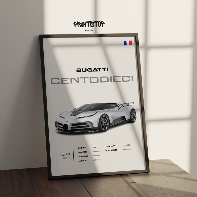 Affiche de supercar Bugatti Centodieci : décoration murale automobile pour les amateurs de voitures