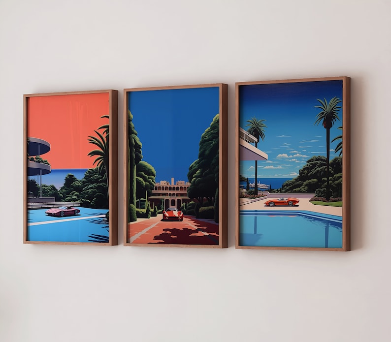 L'art numérique Ferrari de Hiroshi Nagai : trio de décorations de voitures rétro