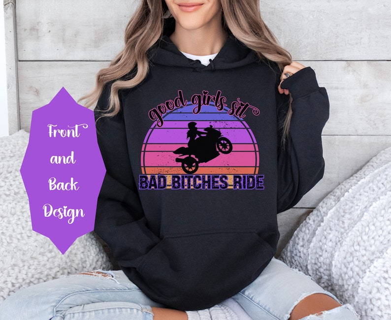 Bad Bitches Ride Retro Sunset Biker Sweatshirt_driver_clothing_drivi.store