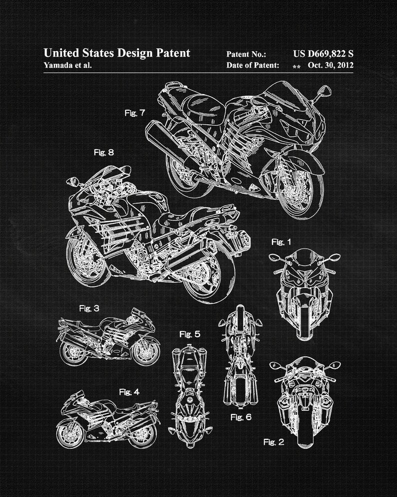 Vintage Motorcycle Blueprint Wall Art