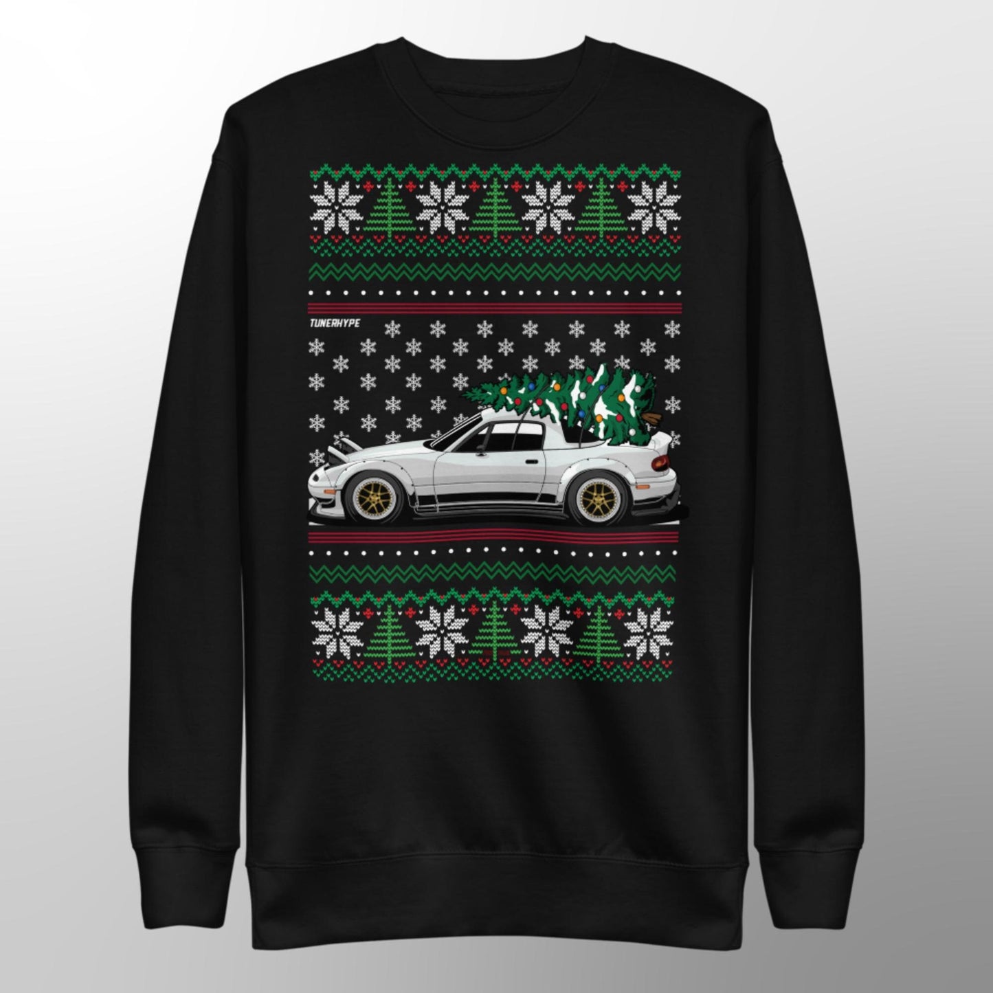 Pull de Noël moche – Mazda Miata en blanc