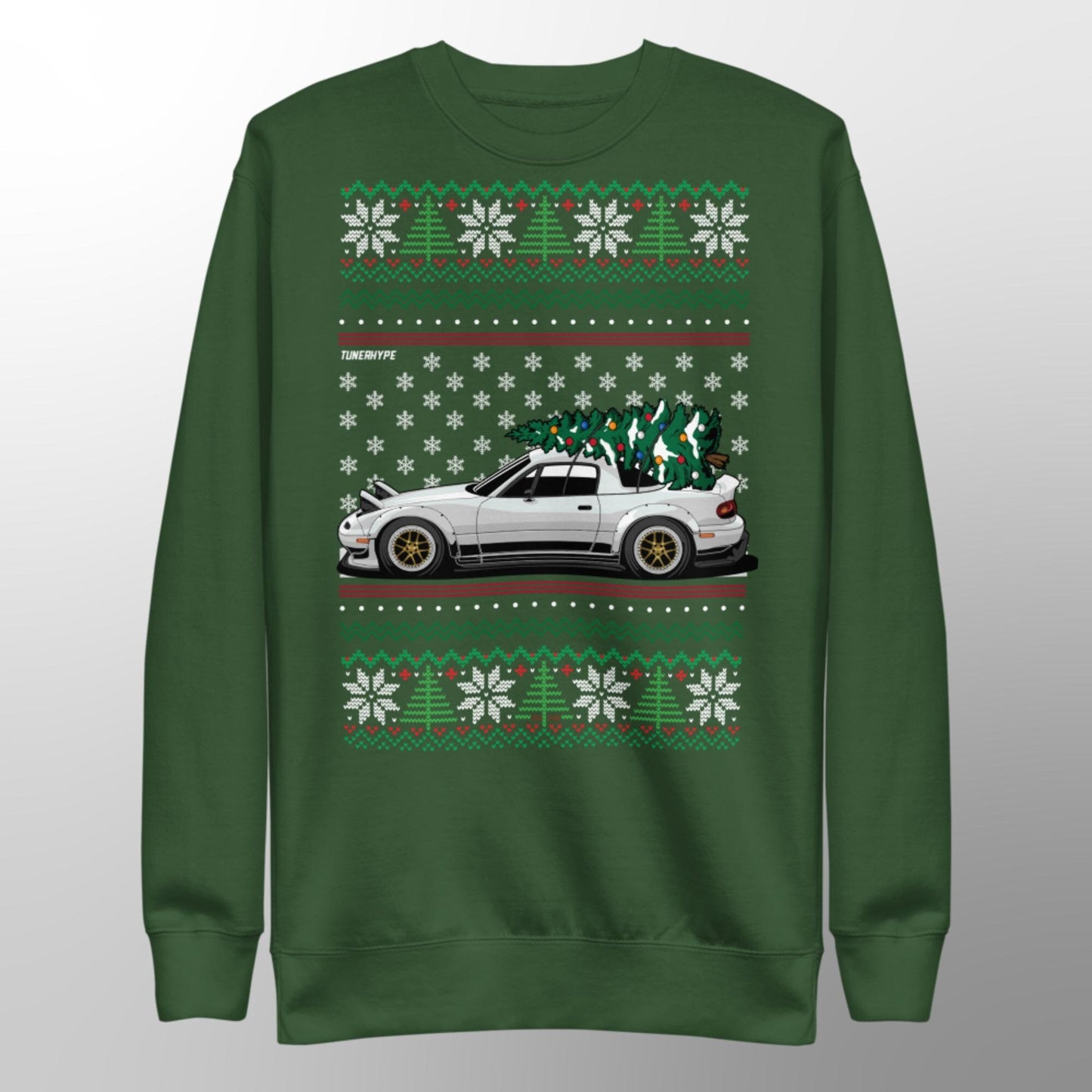 Pull de Noël moche – Mazda Miata en blanc