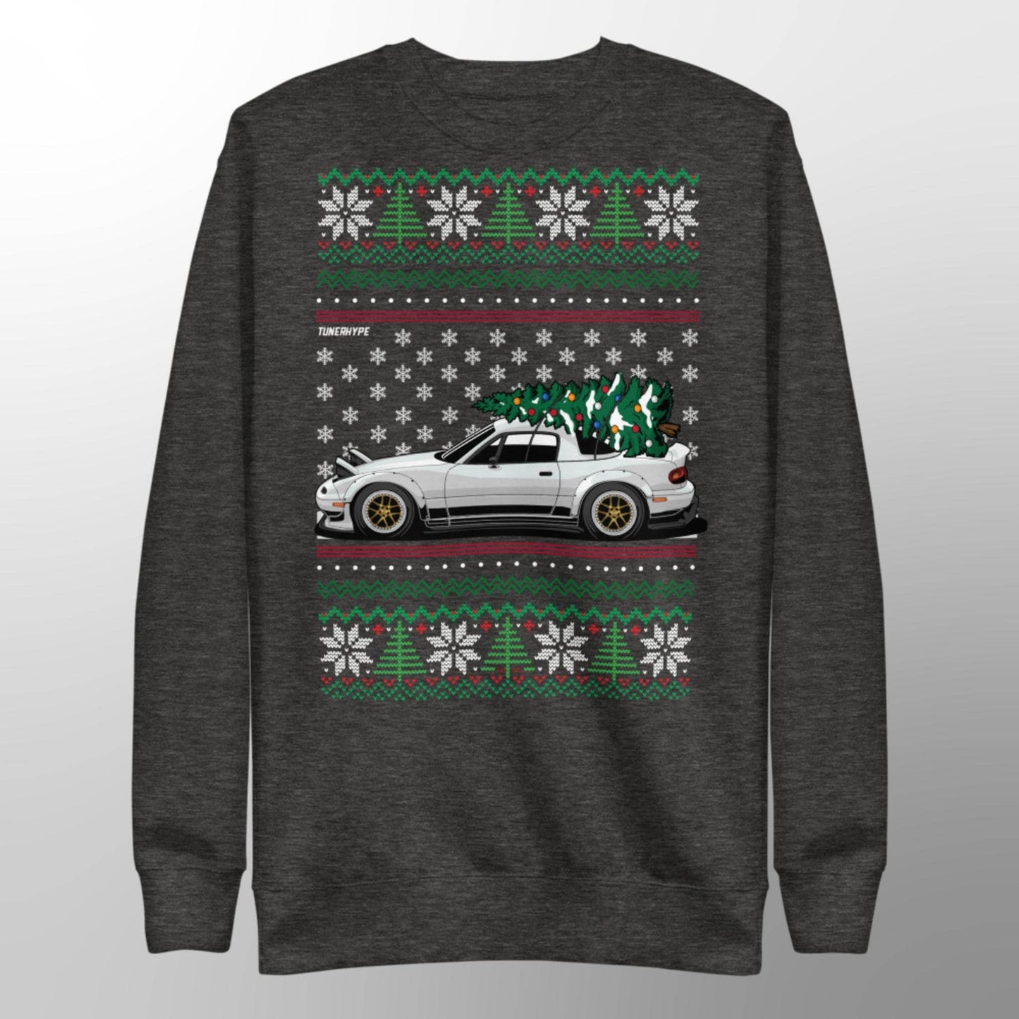 Pull de Noël moche – Mazda Miata en blanc