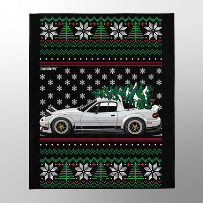 Couverture de Noël moche - Mazda Miata en blanc - Pull de Noël moche, cadeau de vacances pour les amateurs de voitures, cadeau de Noël amusant, Noël moche