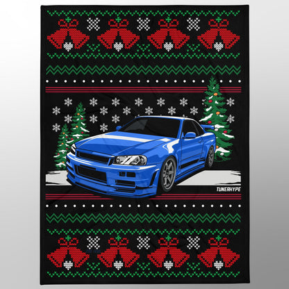 Couverture de Noël moche - Nissan Skyline R34 GTR - Pull de Noël moche, cadeau de vacances pour les amateurs de voitures, cadeau de Noël amusant, pull de Noël moche