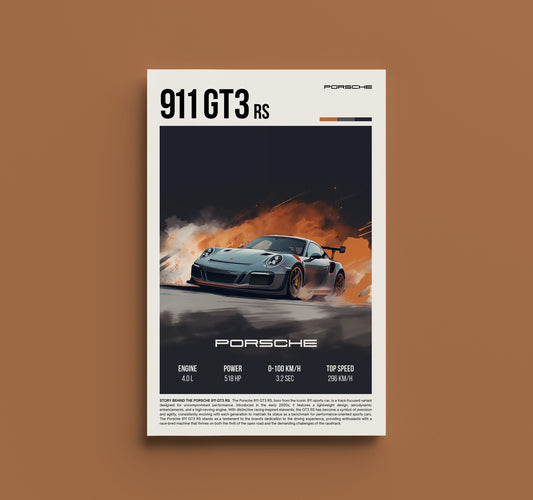 Vintage Porsche 911 GT3 RS Car Poster - Retro Sports Car Art Print, High-Performance Enthusiast Decor, Garage Gift, Porsche Guy