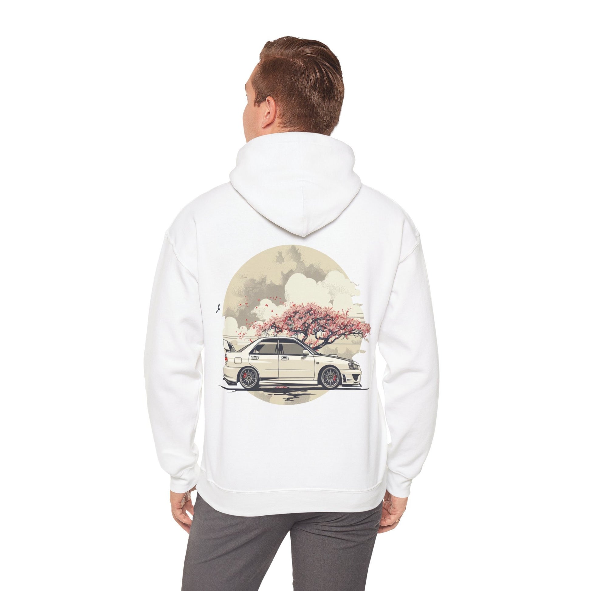 JDM White Subaru WRX STI Hoodie - Clean & Simple Aesthetic with Cherry Blossom Background