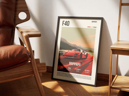 Ferrari F40 Poster - Retro Style Supercar Wall Art - Iconic Car Enthusiast Decor - Perfect Gift for Ferrari Fans and Automotive Lovers