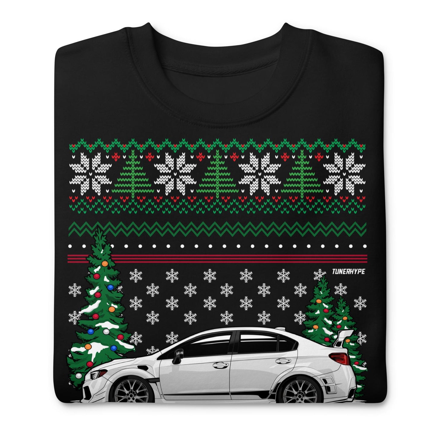 Pull de Noël moche - Subaru WRX en blanc - Pull de Noël moche - Cadeau de Noël pour les amateurs de voitures, cadeau de Noël amusant