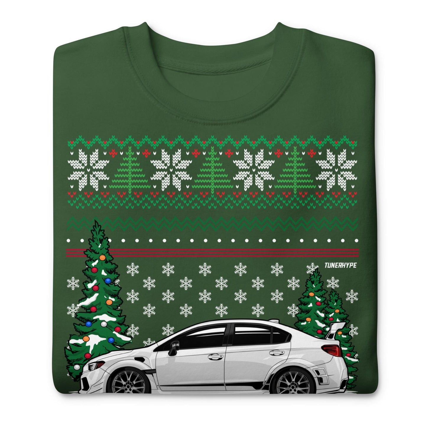 Pull de Noël moche - Subaru WRX en blanc - Pull de Noël moche - Cadeau de Noël pour les amateurs de voitures, cadeau de Noël amusant